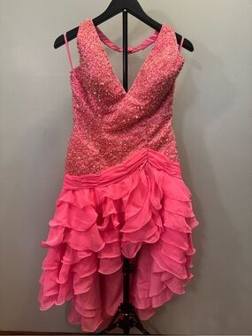 Pink Alyce Beaded V-Neck Ruffled Prom Dress small hole in back